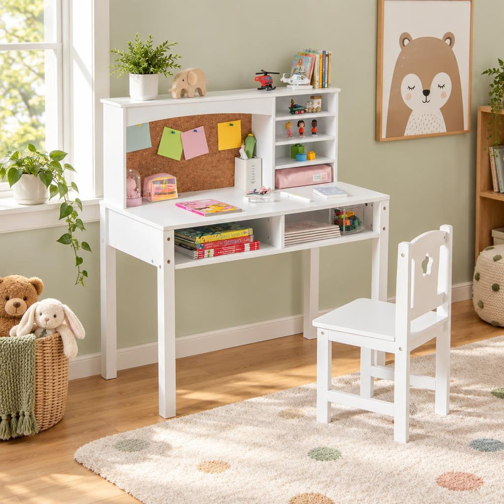 Airfind Kids Desk and Chair Set with Hutch and Bulletin Board for 3+ Kids, MDF Pine Wood Frame, 31 x 15.5 x 33.5 Footprint, White