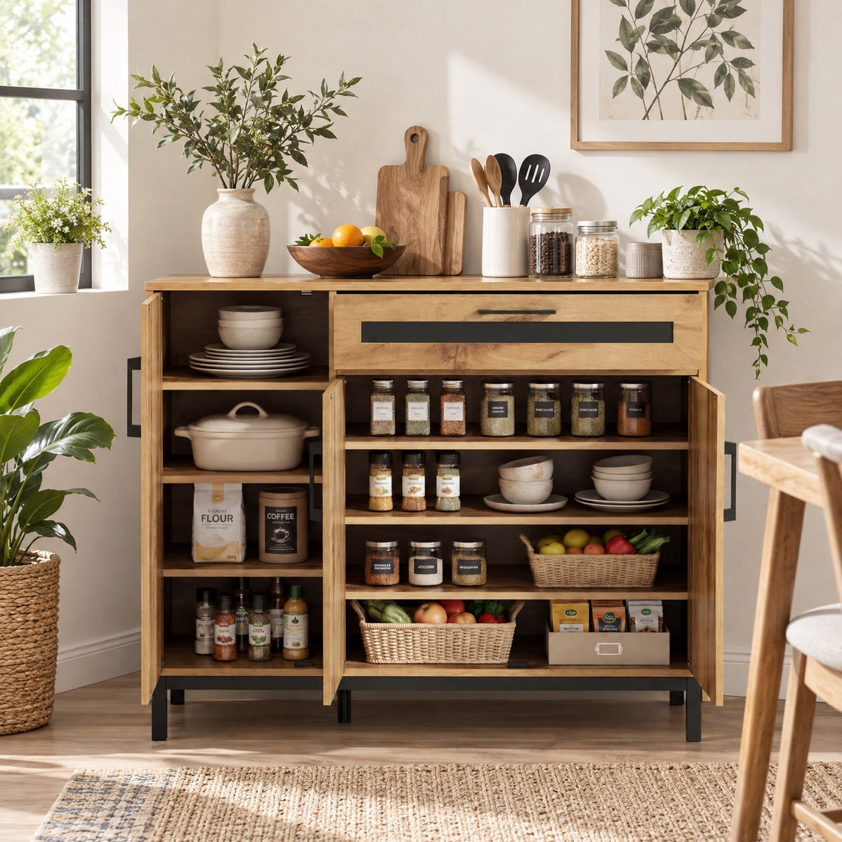 Airfind 48 Inch Sideboard Buffet Cabinet with Drawer and Metal Legs, 88 lbs Capacity, Engineered Wood MDF Frame, 48 Inch x 16 Inch x 37.5 Inch Footprint