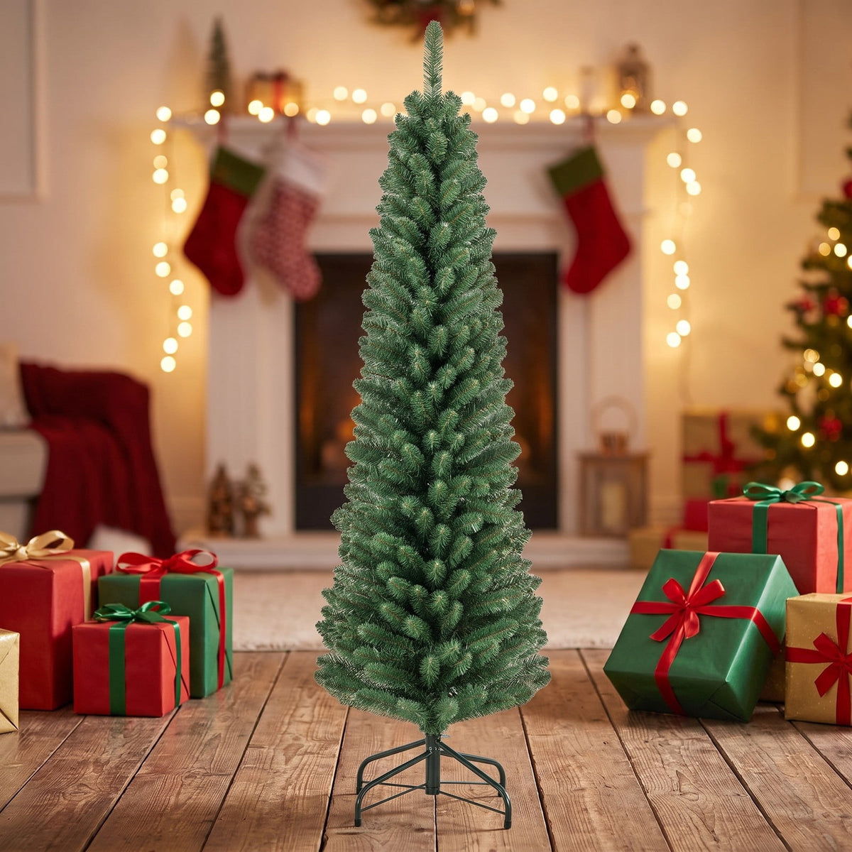 Airfind 5/6/7/8 Feet Pencil Christmas Tree with 295/392/523/671 Memory Wire Branch Tips and Upgraded Metal Stand-5 feet, Green