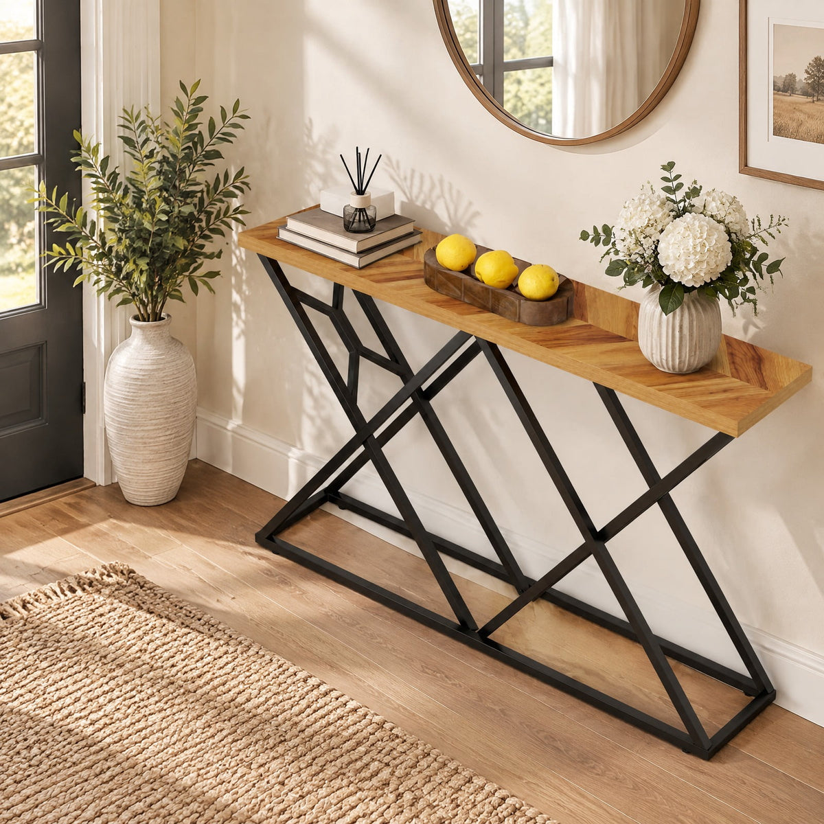 Airfind 55 Inch Console Table with Solid Metal Frame and Storage, 165 lbs Capacity, 55 Inch x 12 Inch x 36 Inch Footprint, Wood