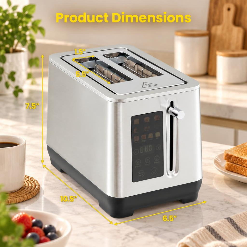 Airfind 2 Slice Toaster with 6 Browning Levels and 4 Bread Types, 430 Stainless Steel PP Frame, 10.5in×6.5in×7.5in Footprint, Silver