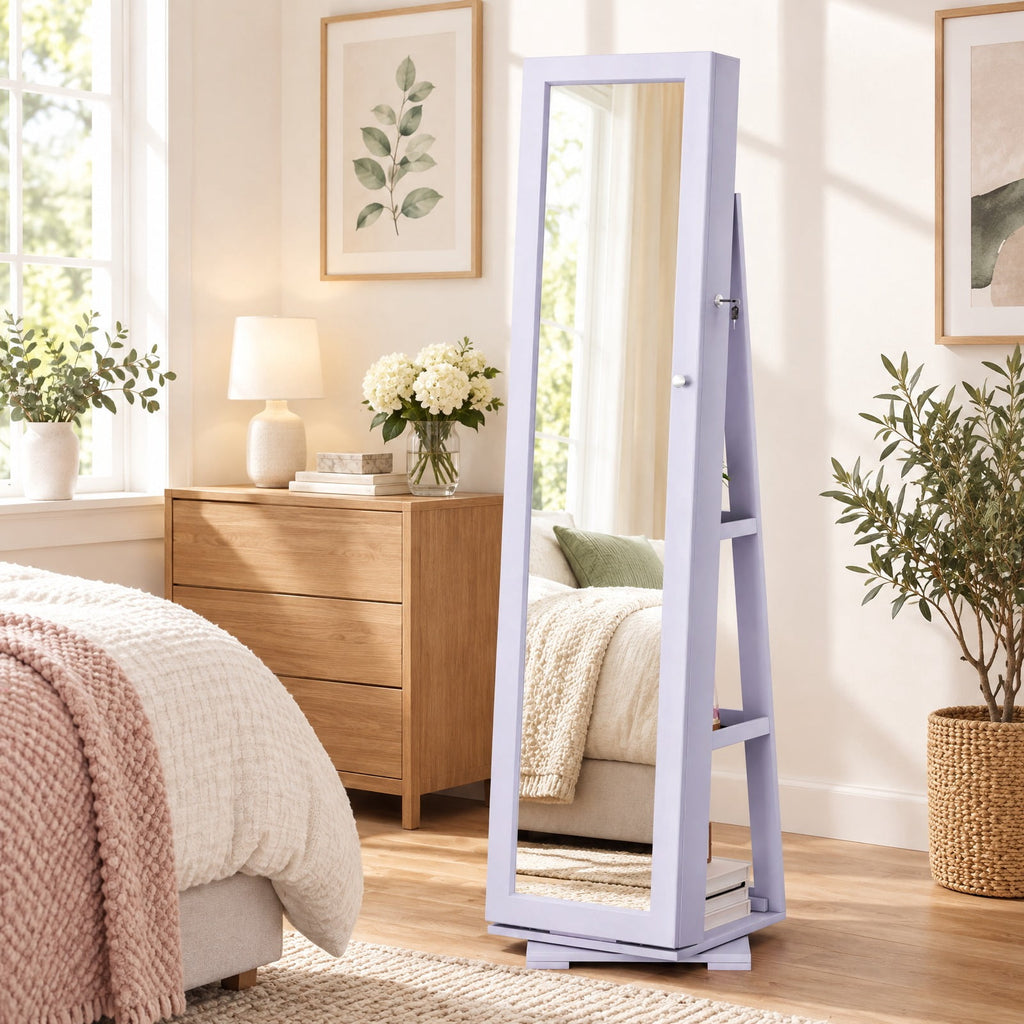 Airfind 360° Rotatable 2-in-1 Lockable Jewelry Cabinet with Full-Length Mirror, P2 MDF Frame, 15 Inch x 15 Inch x 63.5 Inch (L x W x H) External Footprint