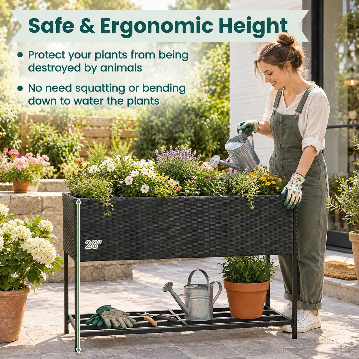 Airfind Raised Wicker Garden Bed with Storage Shelf and Removable Liner, 132 lbs Shelf Capacity, Metal Frame, 40 x 12 x 28 Planter Footprint