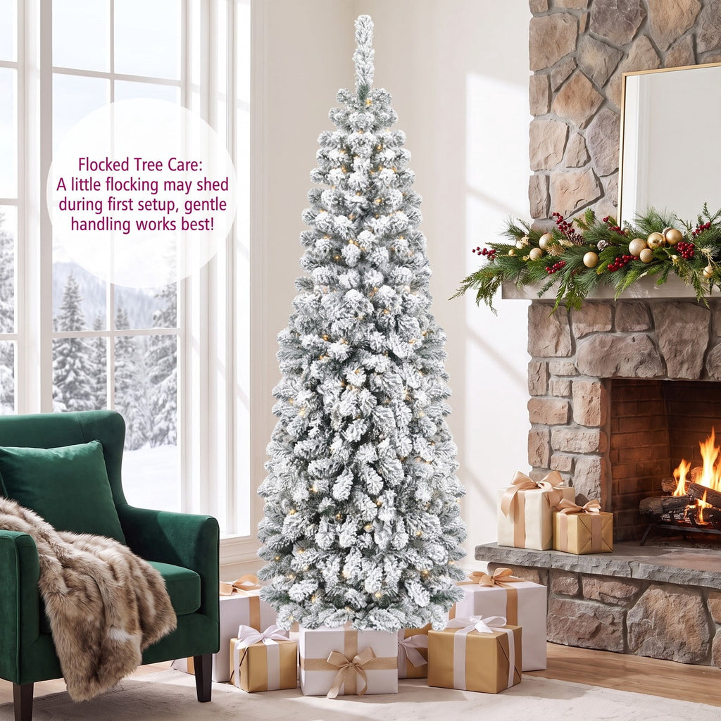 Airfind 6 Feet Unlit Hinged Snow Flocked Artificial Pencil Christmas Tree with 500 Branch Tip, PVC Metal Tree Height 6 ft Tree Width 2 ft Frame