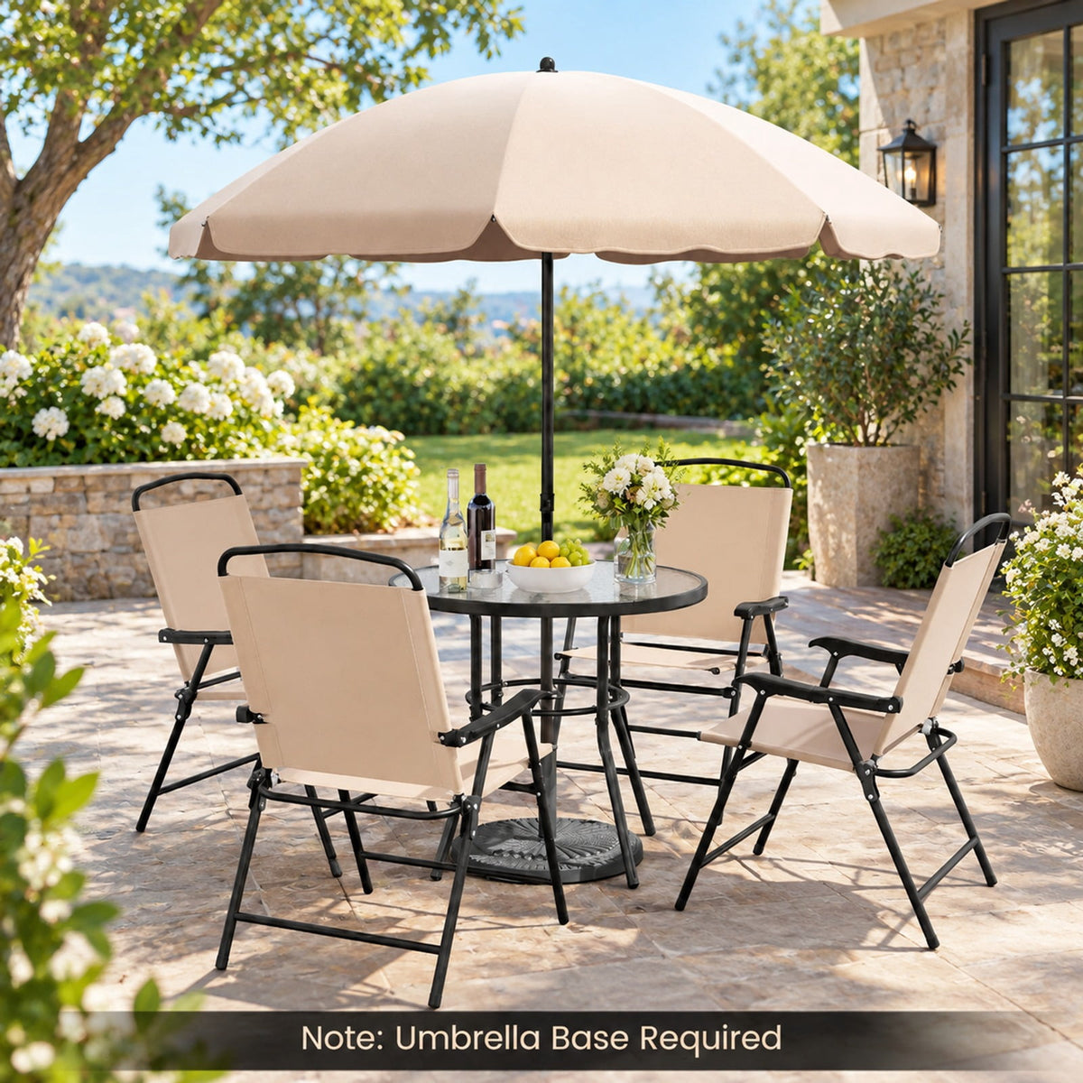 Airfind 6 Pieces Patio Dining Set with Umbrella and 4 Folding Armchairs, 165 lbs Capacity, Metal Fabric Frame, 23 x 21.5 x 34 Footprint, Beige