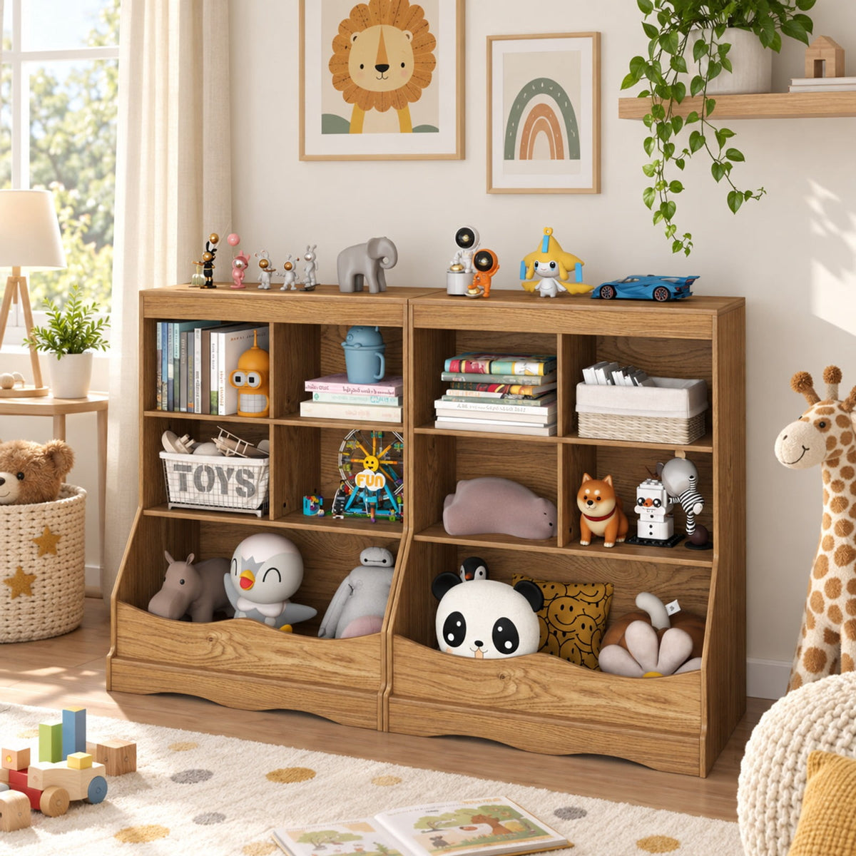 Airfind 3-Tier Youth Multi-Functional Bookcase Toy Storage Bin Floor Cabinet, 66 Lbs Capacity, MDF Engineered Wood, Natural
