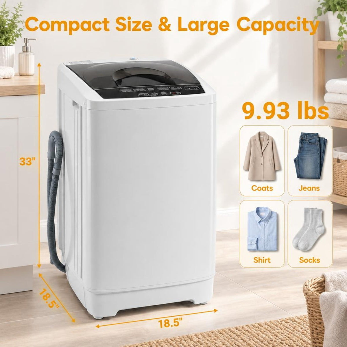 Airfind 9.93 lbs Full Automatic Washing Machine with 8 Preset Programs, Stainless Steel PP Frame, Gray