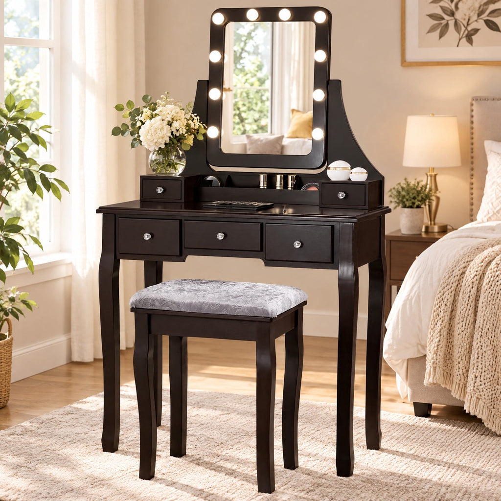 Airfind Vanity Dressing Table featuring 10 Dimmable Bulbs and Cushioned Stool, 220 lbs Capacity, MDF Pine Frame, 31.5 Inch x 16 Inch x 53 Inch Footprint, Brown