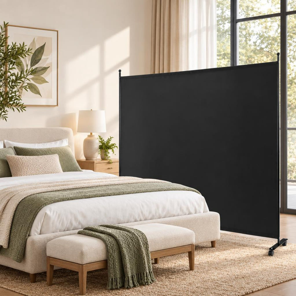 Airfind 6 Feet Single Panel Rolling Room Divider with Smooth Wheels, Metal polyester Frame, 73 x 12 x 73 Footprint, Black