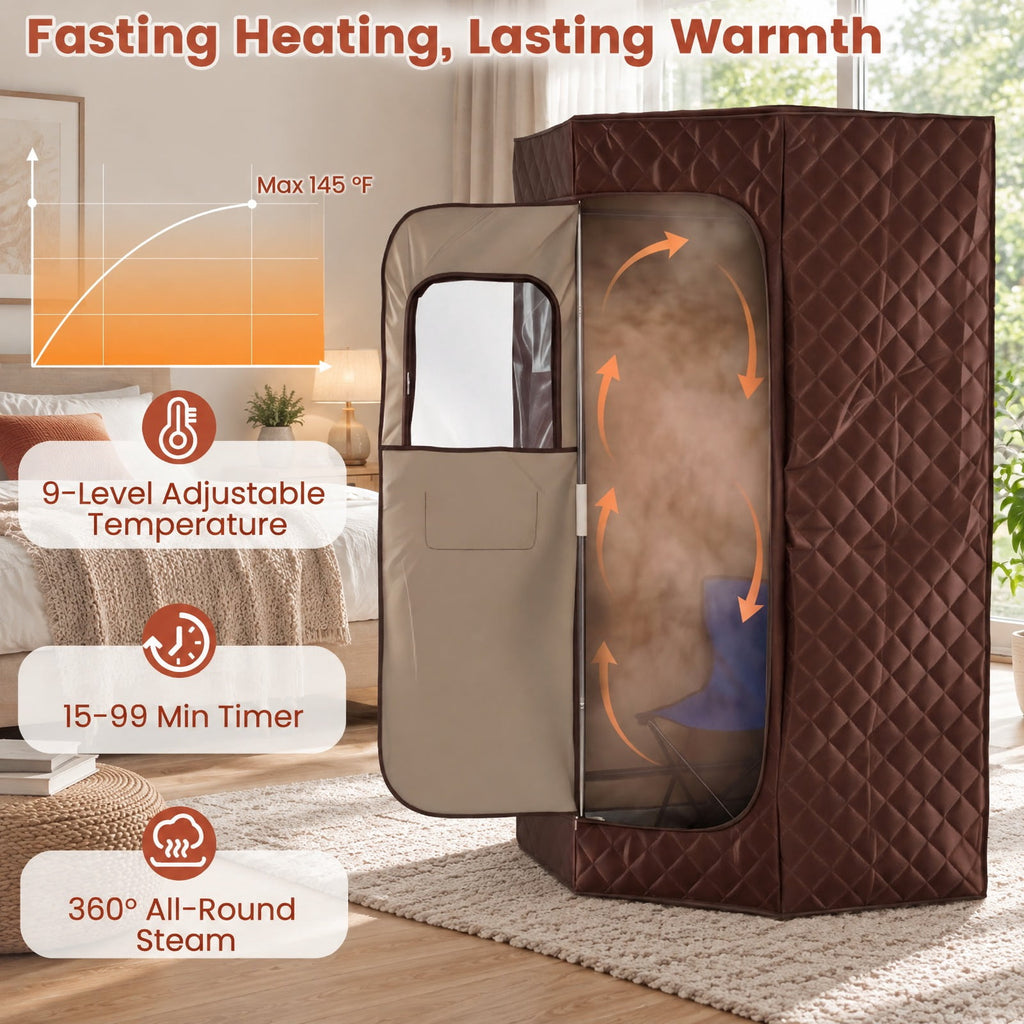 AIRFIND Portable Steam Sauna with 3 L Steamer, 9 Heat Levels, 15-99 Minute Timer, Remote Control, Folding Chair and Floor Mat, Brown