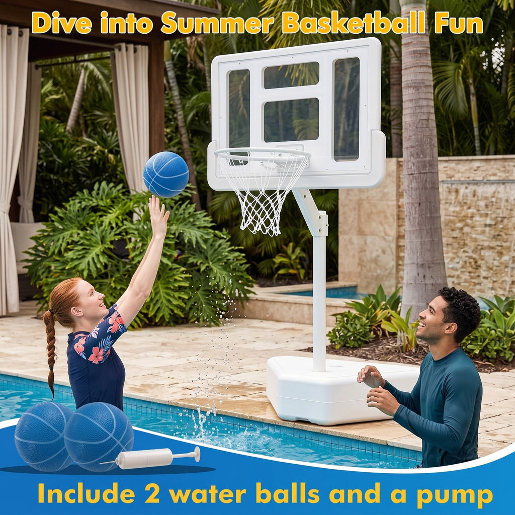 Airfind Poolside Basketball Hoop System, Adjustable Height Pool Basketball Set with 2 Water Balls and Pump, Metal PC Backboard for Swimming Pool Outdoor Family, White