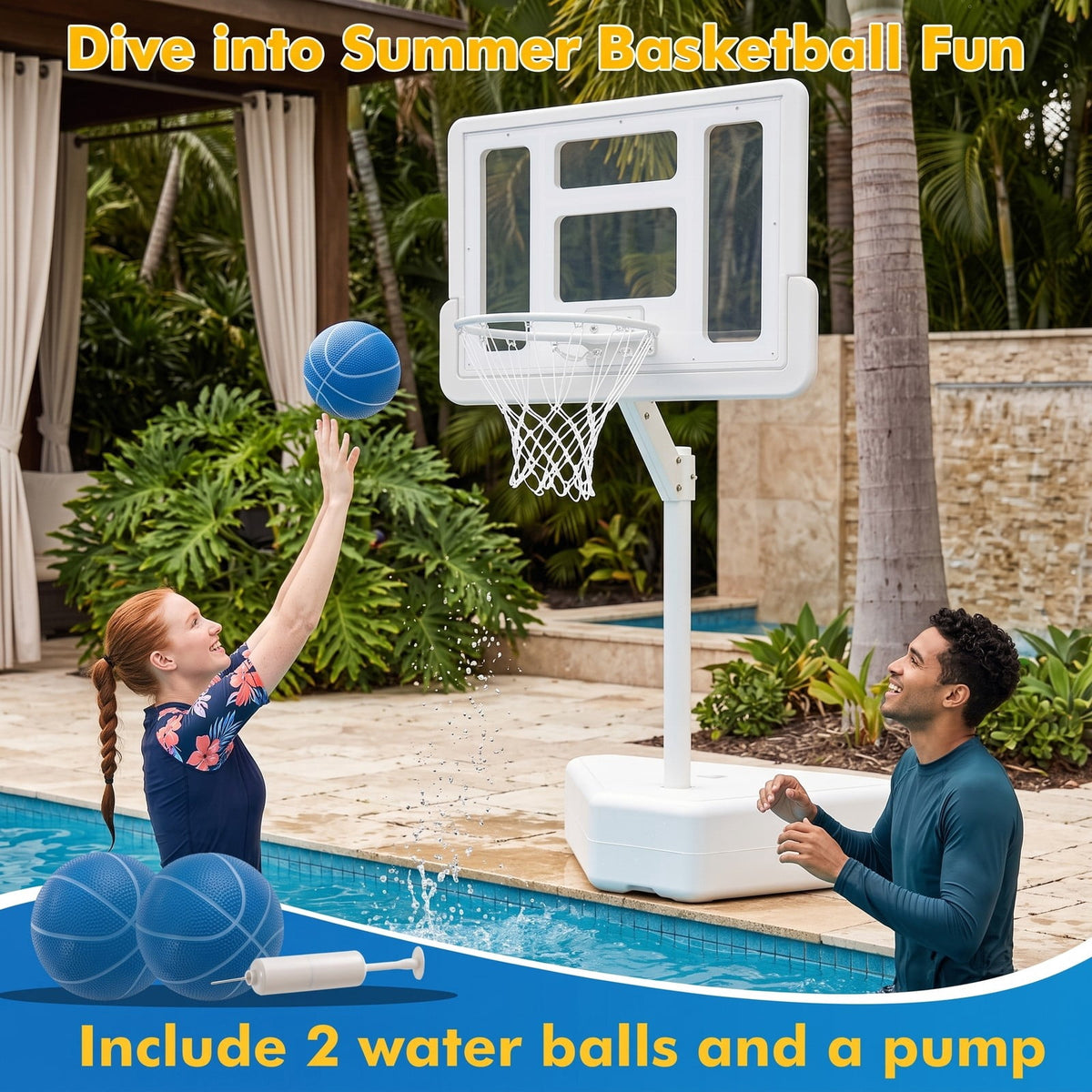 Airfind Poolside Basketball Hoop System, Adjustable Height Pool Basketball Set with 2 Water Balls and Pump, Metal PC Backboard for Swimming Pool Outdoor Family, White