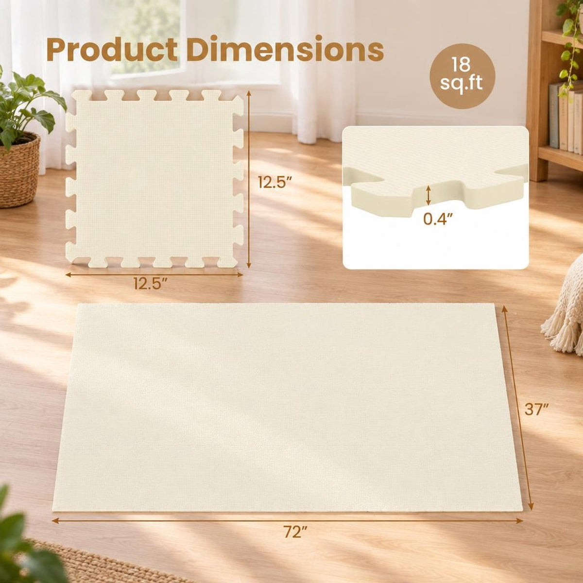 Airfind 18 Pack Interlocking EVA Foam Floor Tiles with Boarders, EVA Foam Frame, 72 Inch x 37 Inch x 0.4 Inch Footprint, Beige