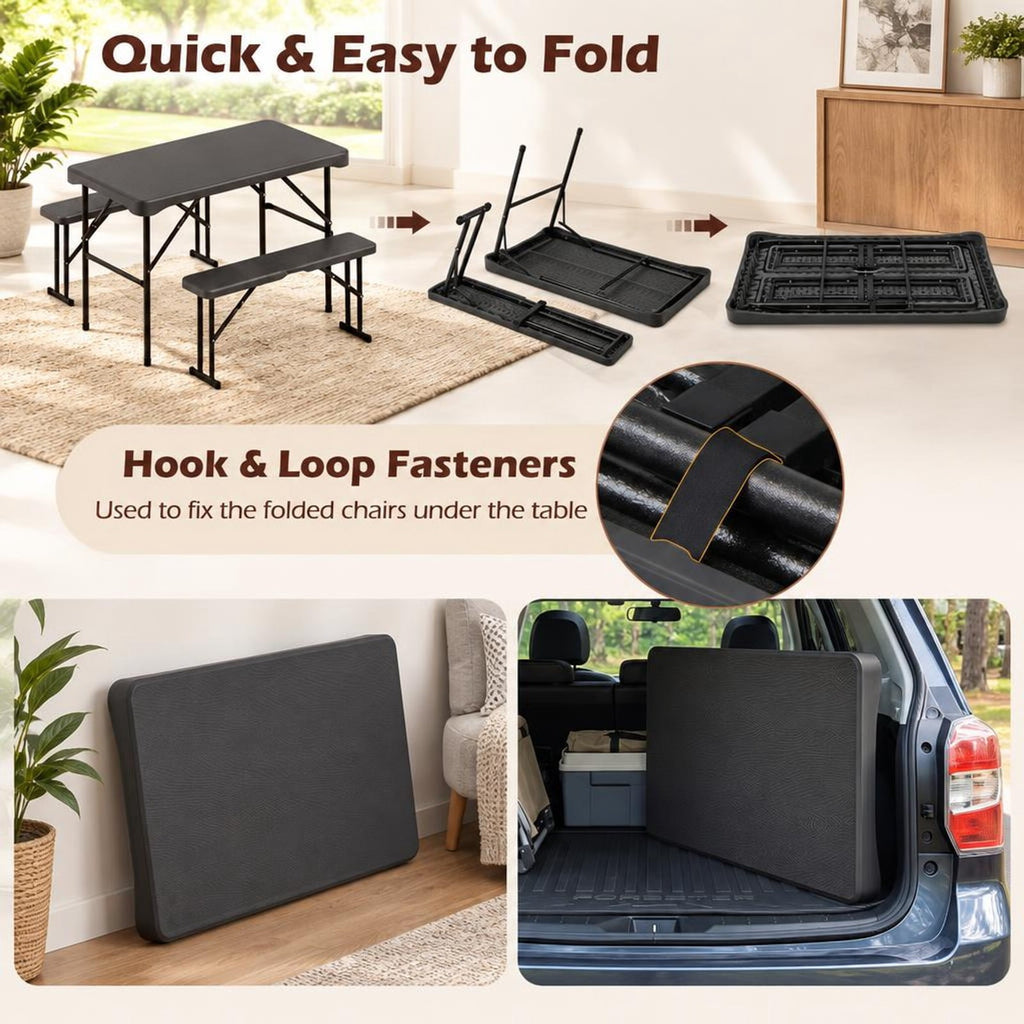 Airfind Outdoor Folding Table Bench Set w All-Weather HDPE Tabletop and Sturdy Metal Frame, 120 kg Capacity, HDPE Metal Frame, Black