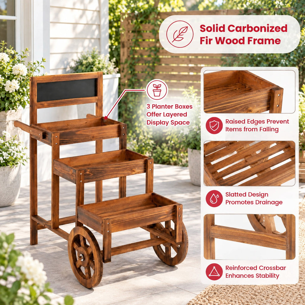 Airfind 3-Tier Carbonized Fir Wood Plant Display Stand Wooden Dessert Candy Cart, 44 lbs Capacity, 23 Inch x 39 Inch x 40 Inch Footprint, Brown