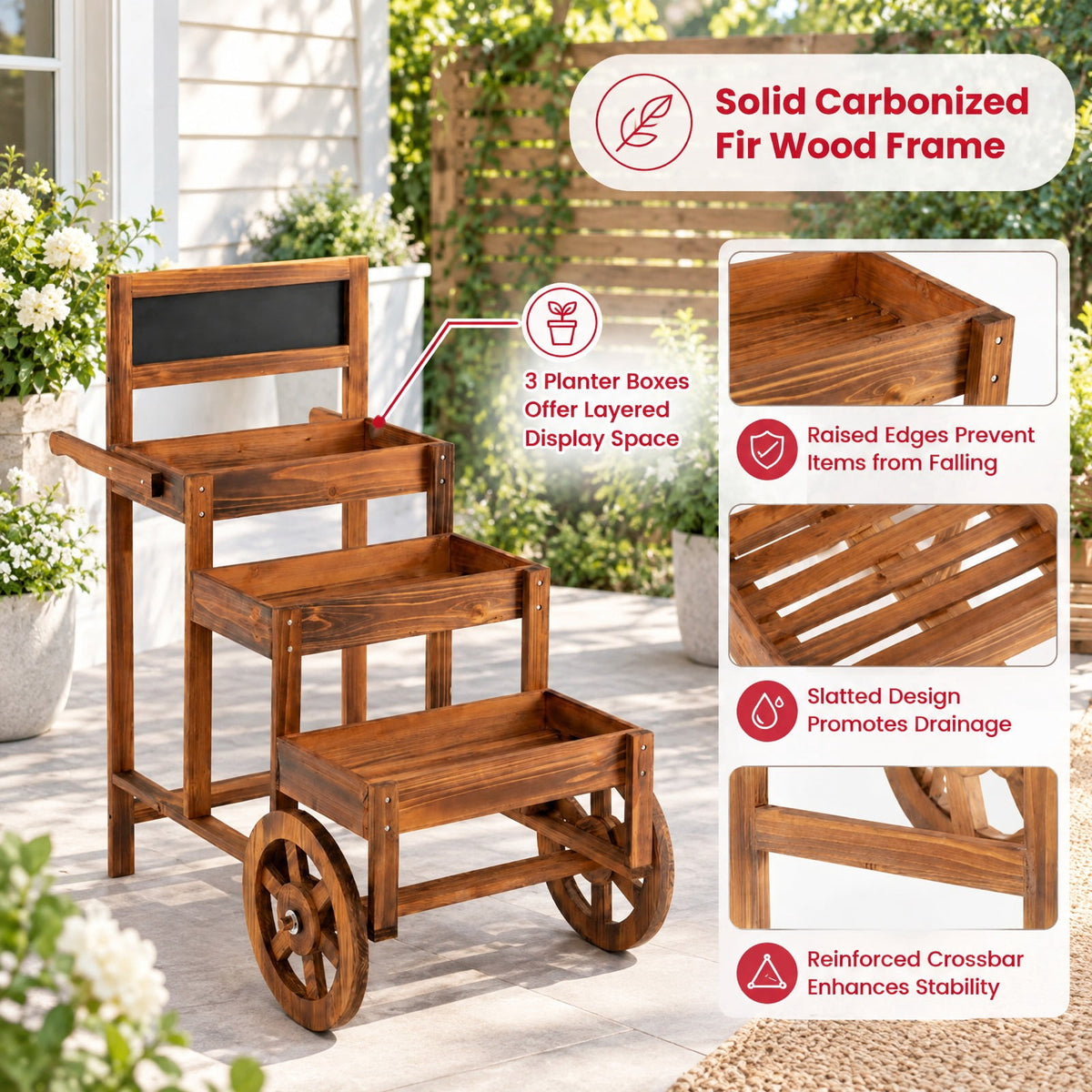 Airfind 3-Tier Carbonized Fir Wood Plant Display Stand Wooden Dessert Candy Cart, 44 lbs Capacity, 23 Inch x 39 Inch x 40 Inch Footprint, Brown