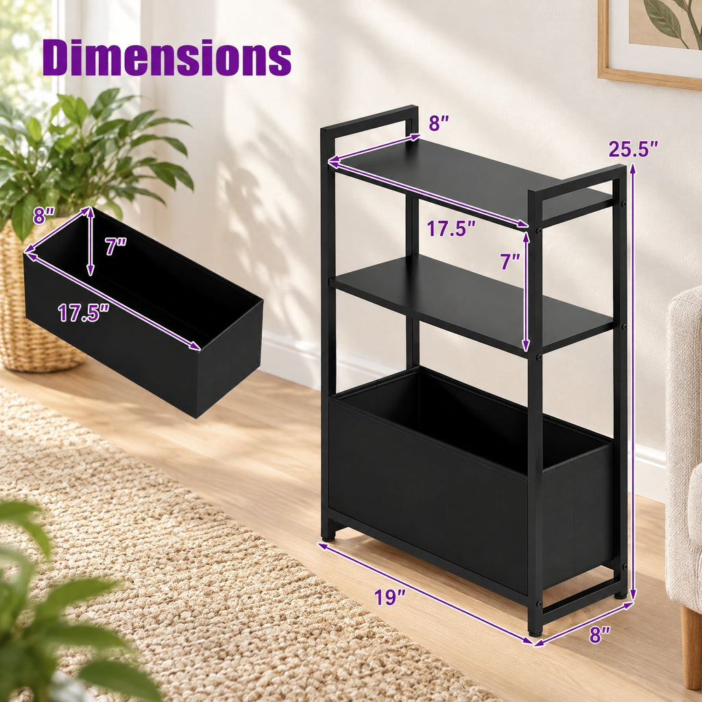 Airfind Narrow End Table with Storage Shelves and Metal Frame, 25 lbs Capacity, Engineered Wood Metal Fabric Frame, 19 x 8 x 25.5 Footprint