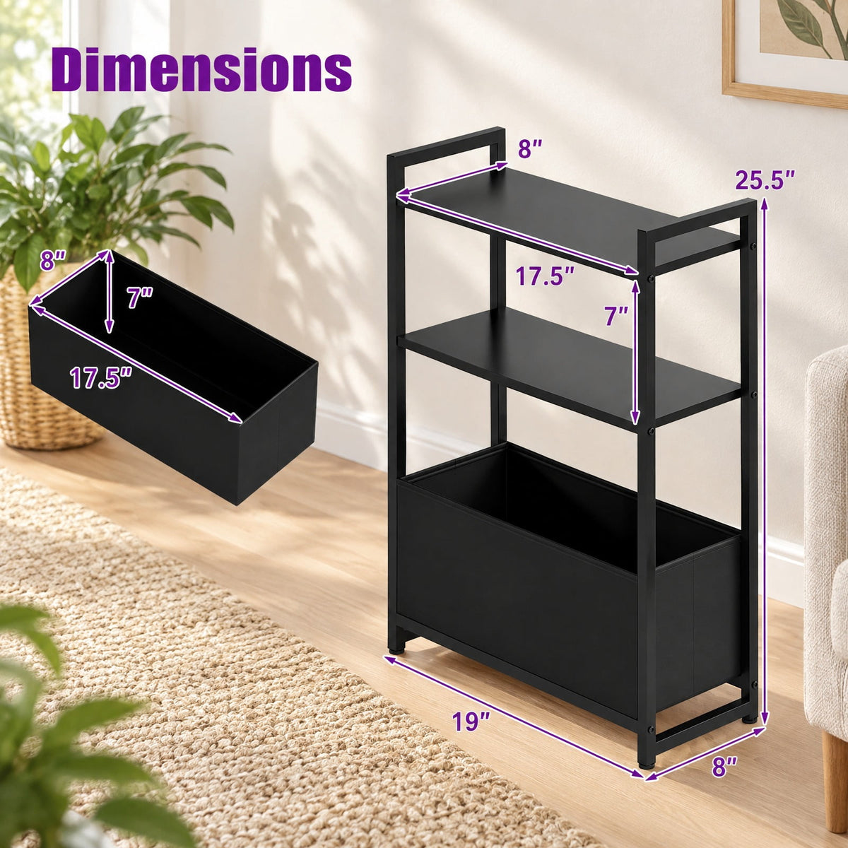 Airfind Narrow End Table with Storage Shelves and Metal Frame, 25 lbs Capacity, Engineered Wood Metal Fabric Frame, 19 x 8 x 25.5 Footprint