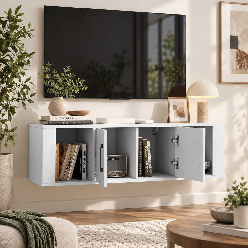 Airfind Wall Mounted Floating 2 Door Desk Hutch Storage Shelves, 132 lbs Capacity, Engineered Wood MDF Frame, 42.5 x 13 x 12 Footprint, White