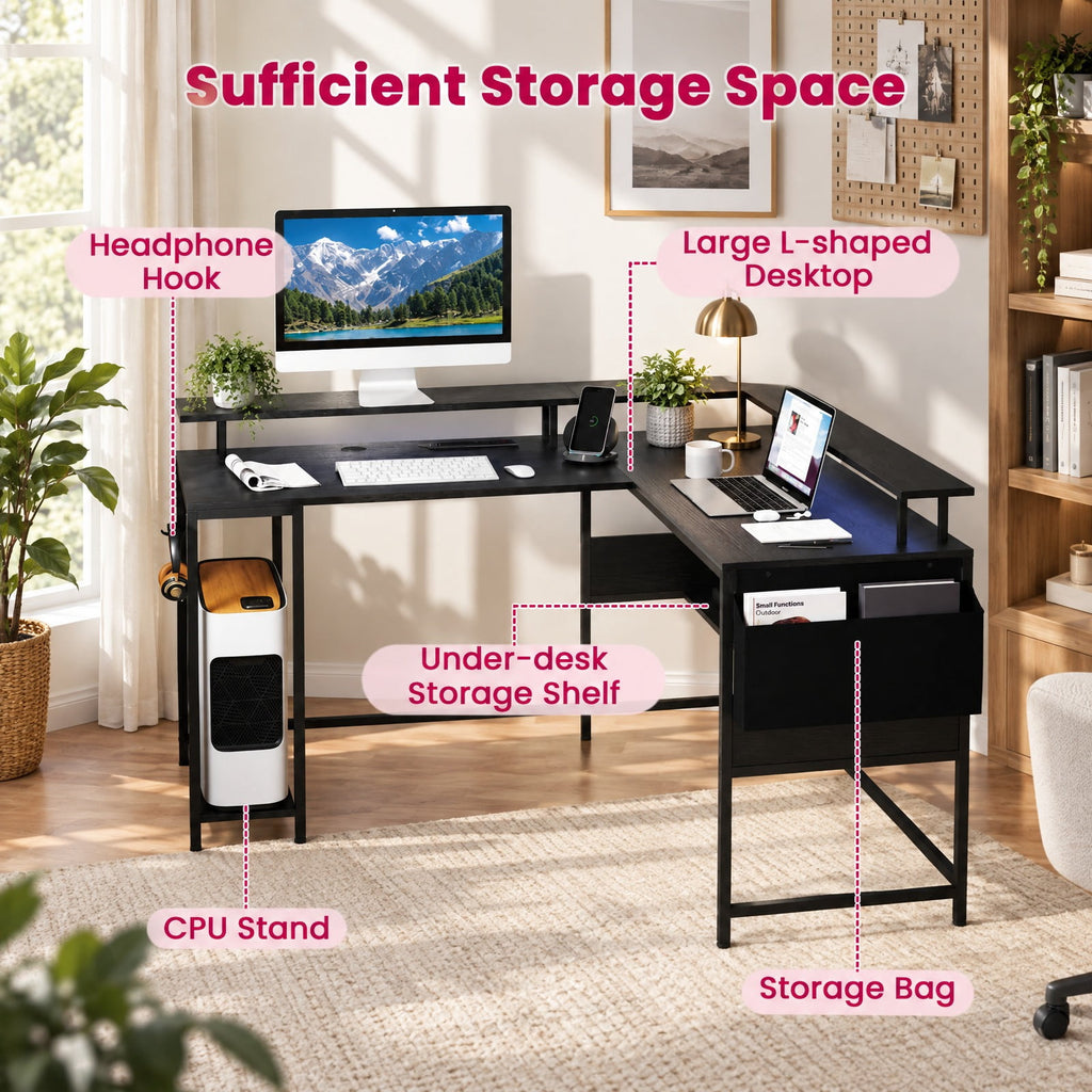 Airfind L-Shaped Gaming Desk with LED Lights and Power Outlets Home Office Computer Desk, 200 lbs Capacity, Engineered Wood Metal Frame, Black