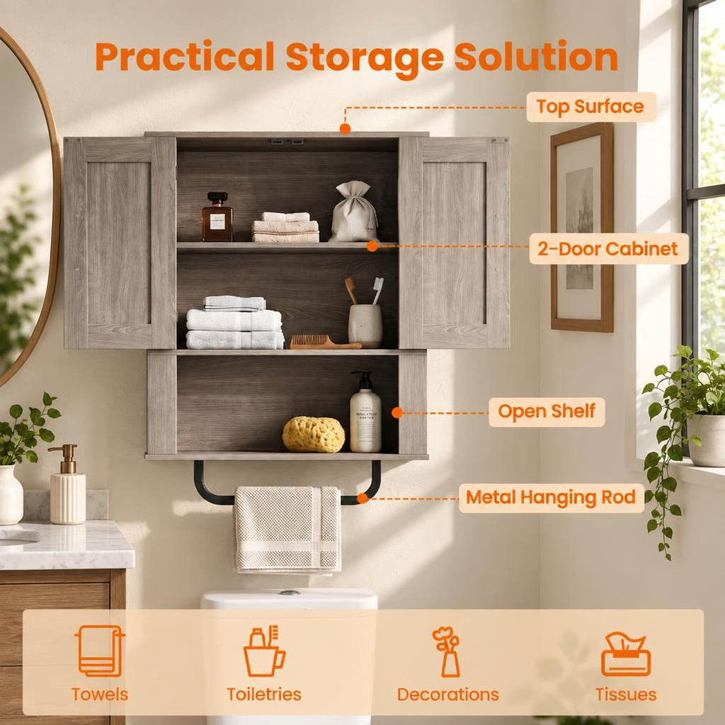 Airfind Bathroom Wall Cabinet with 2 Barn Doors and Towel Bar and 3-Tier Wooden Storage, 11 lbs Capacity, Engineered Wood MDF Metal Frame, Gray