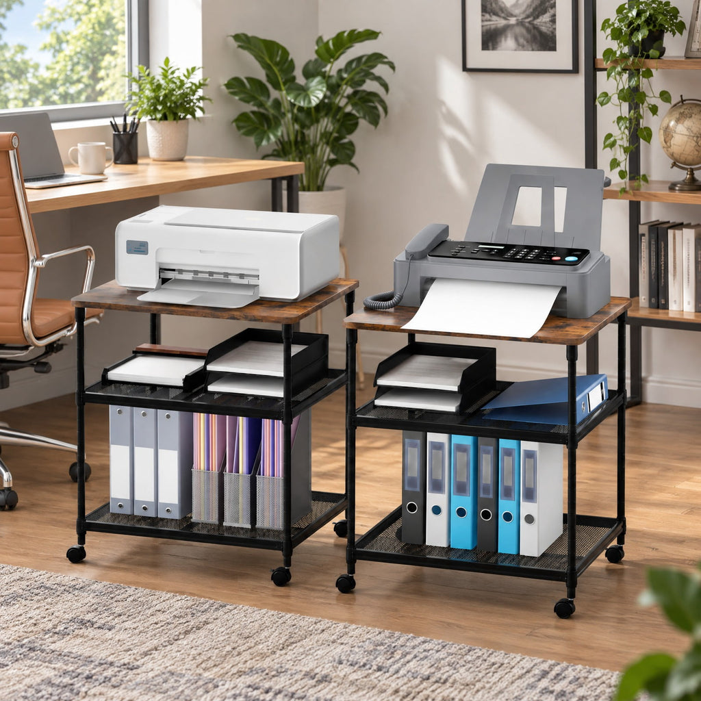 Airfind 3 Tier Printer Stand Rolling Fax Cart with Adjustable Shelf and Swivel Wheels, Engineered Wood Iron Frame, 24 x 20 x 27 Footprint, Coffee