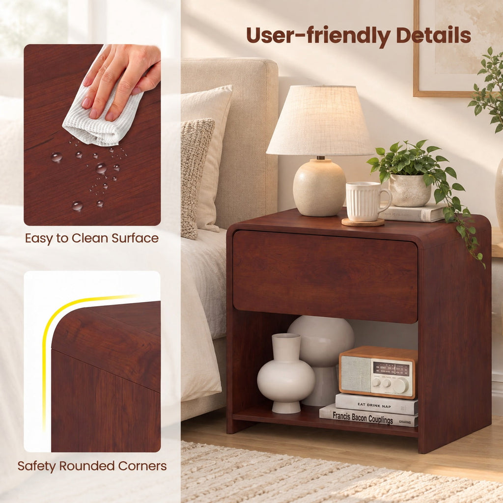 Airfind 2-Tier Modern Style Nightstand with Drawer and Open Shelf for Bedroom, in Total 77 lbs Capacity, Metal Engineered Wood Frame, Walnut