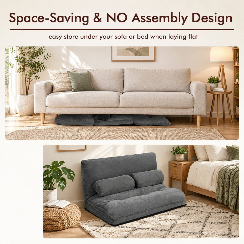 Airfind 6-Position Adjustable Sleeper Lounge Couch with 2 Pillows, Steel Corduroy Sponge Flat Frame, 71 Inch x 42.5 Inch x 7 Inch Footprint, Gray