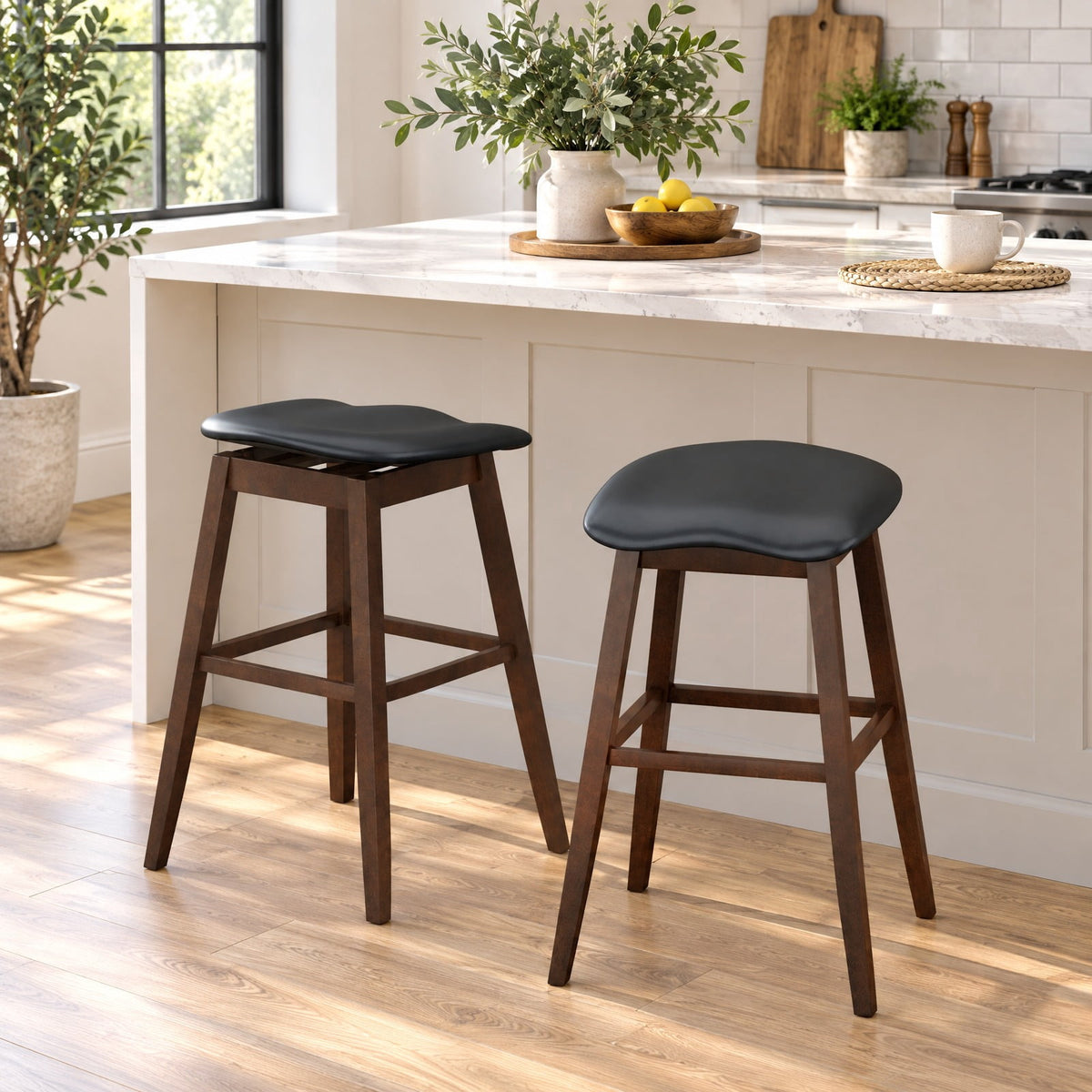 Airfind Swivel Bar Stools Set of 2 with Padded Contoured Seat and Footrest-Black and Brown, 310 lbs Capacity, Rubber Wood MDF PVC Leather Sponge Frame