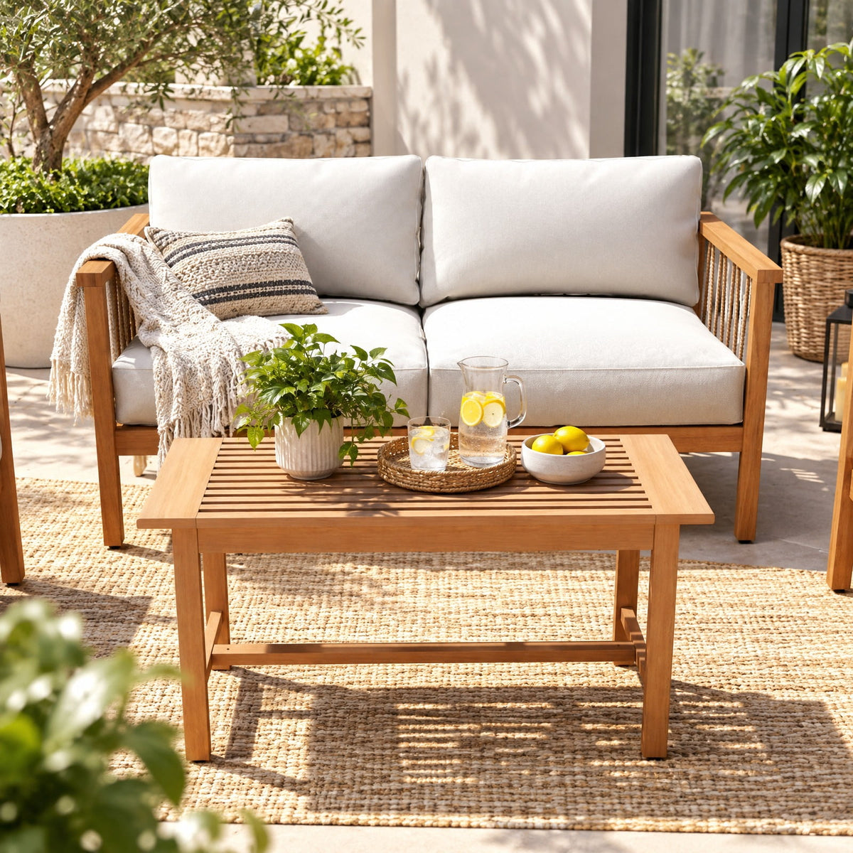Airfind Patio Coffee Table 36 Inch Rectangular Outside Side Table with Slatted Tabletop, 145 lbs Capacity, Teak Wood Frame, Coffee