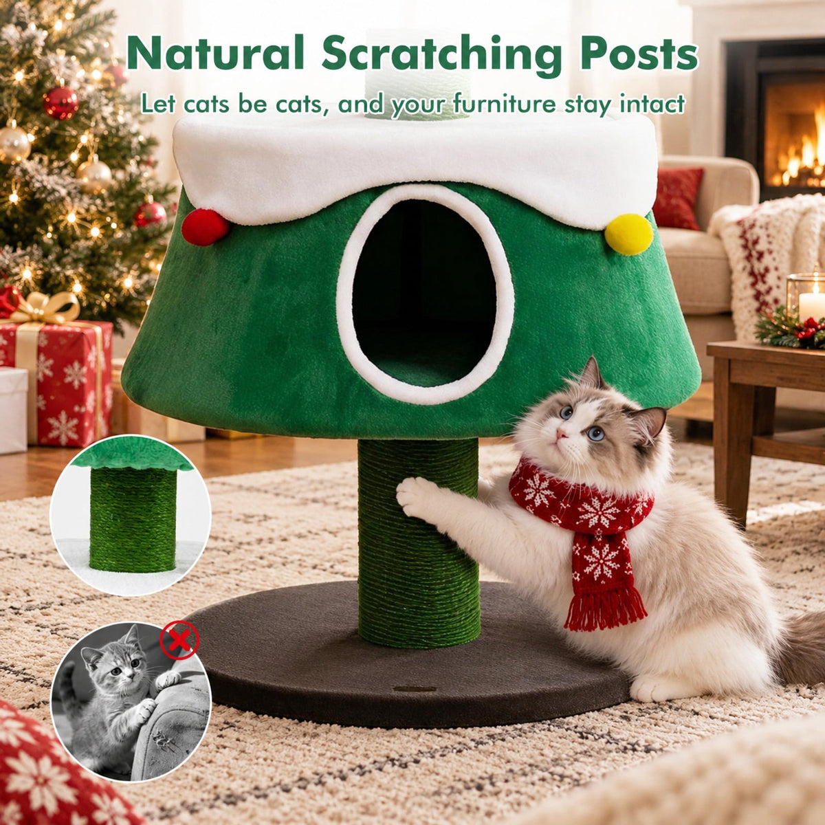 Airfind 61.5in Cat Christmas Tree for Indoor Kittens with 2 Large Condos Star Spring Toy and Decorative Balls, Green