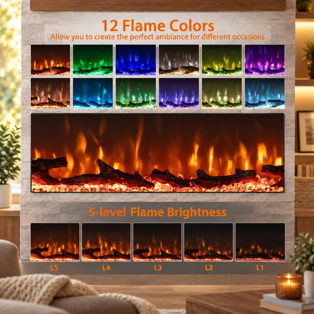 Airfind 36/40/50/60 Inch Wide 3-Sided Electric Fireplace Insert with Remote Control and 12 Flame Colors-50 Inch, Metal Tempered Glass Frame, Black