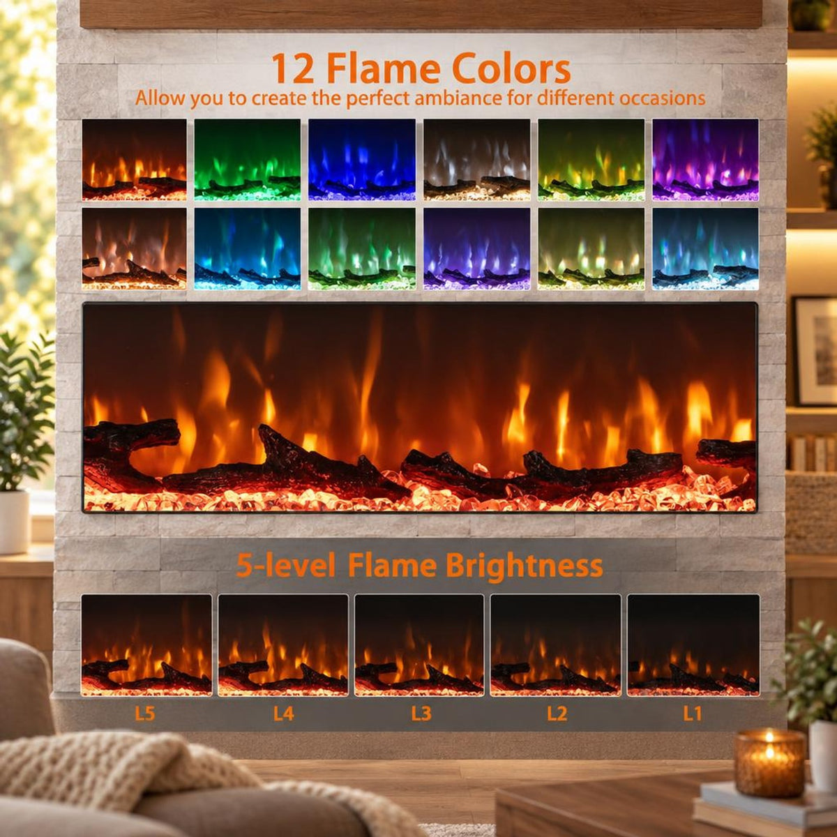 Airfind 36/40/50/60 Inch Wide 3-Sided Electric Fireplace Insert with Remote Control and 12 Flame Colors-50 Inch, Metal Tempered Glass Frame, Black