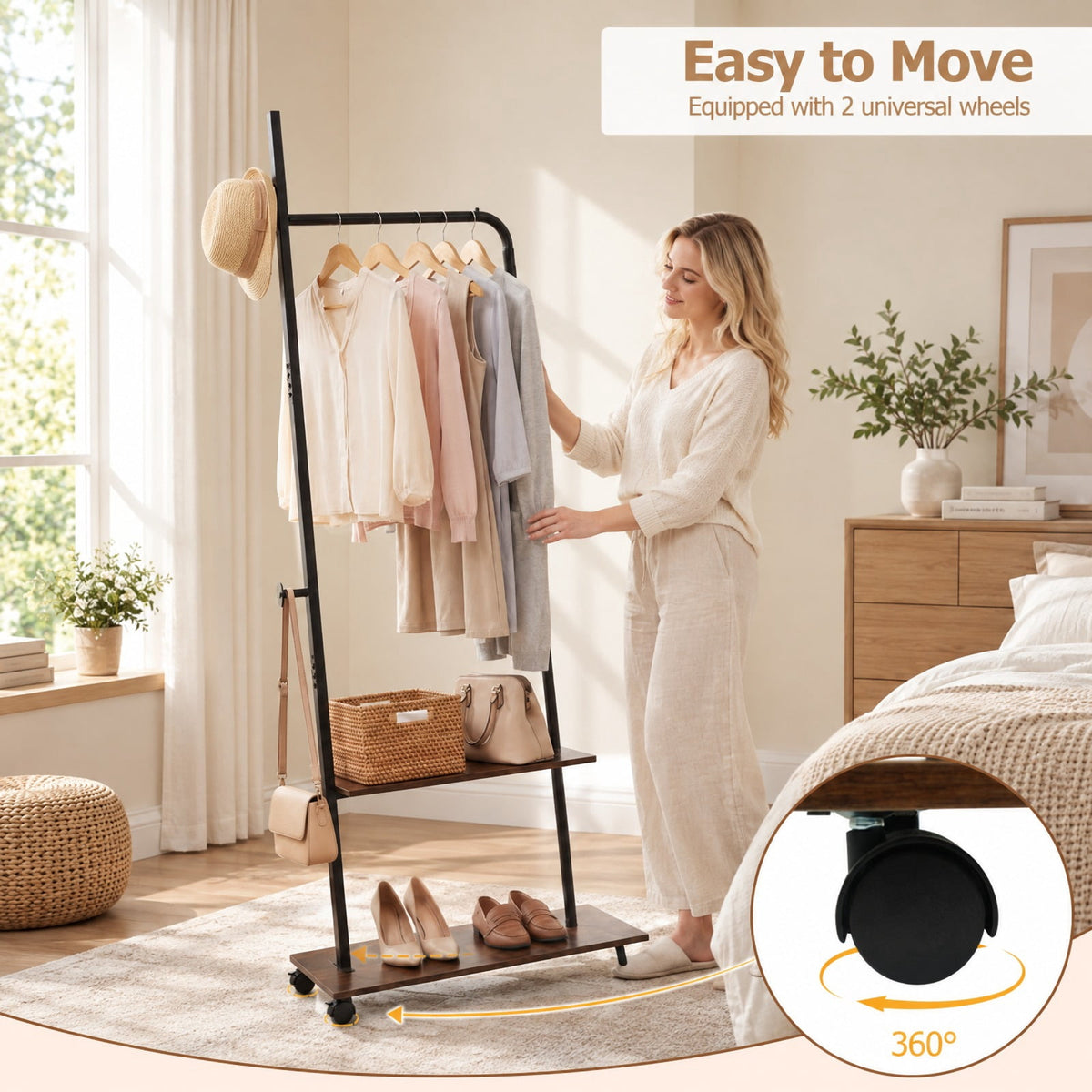 Airfind Freestanding Clothing Rack with Wheels and Storage Shelves for Entryway and Bedroom, 120 lbs Capacity, Engineered Wood Metal Frame, Brown