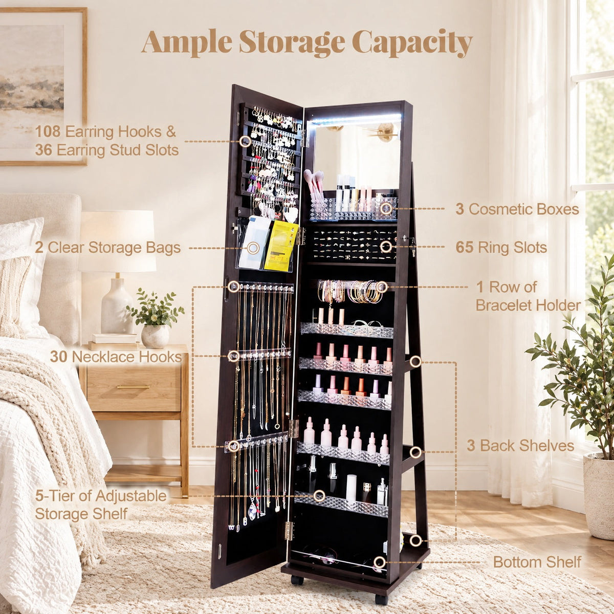 Airfind 64 Inches Lockable Jewelry Cabinet Armoire with Built-in Makeup Mirror, MDF Glass Acrylic Frame, 15.5in x 15in x 64in Full-Length Footprint
