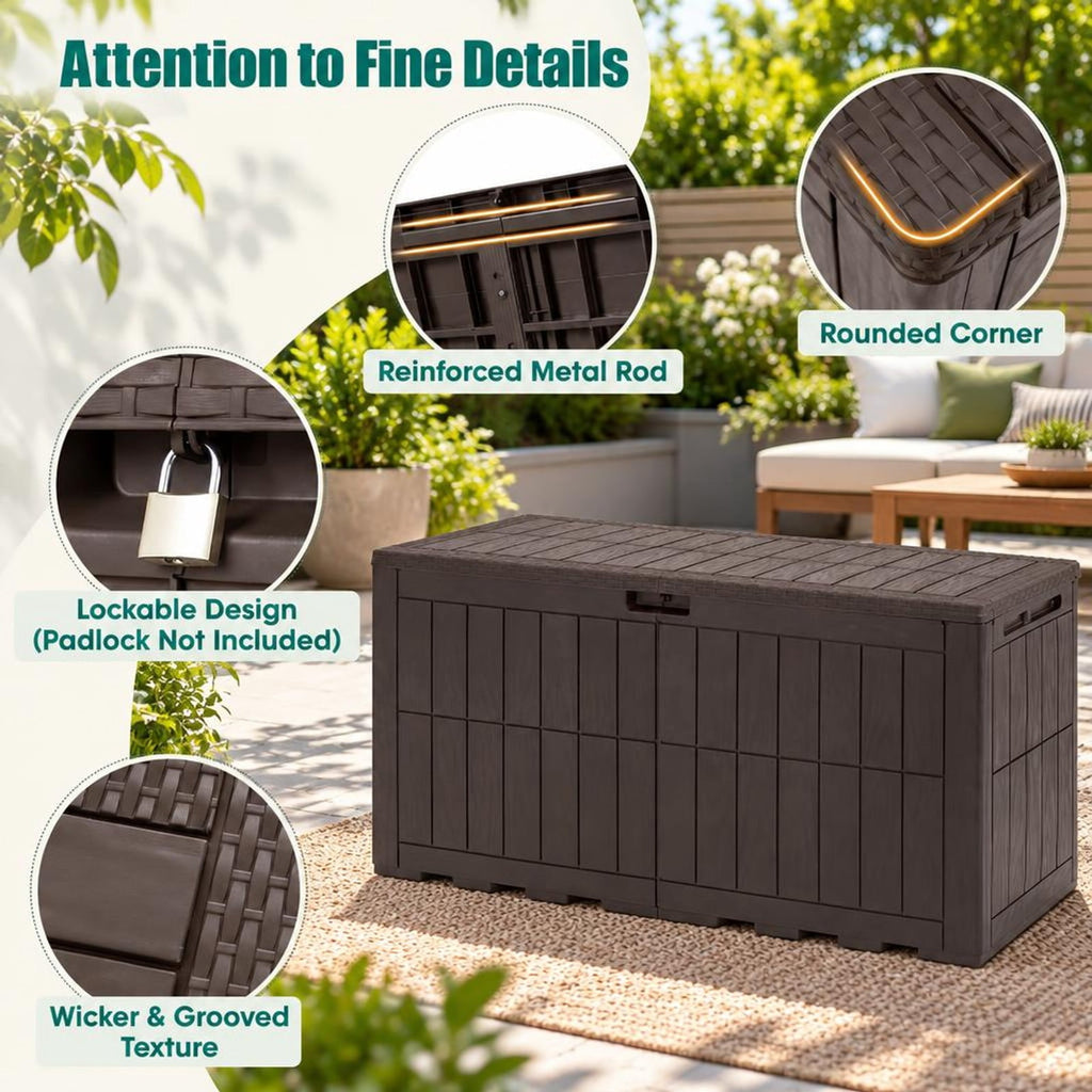 Airfind 120 Gal Outdoor Deck Box with Lid and Handles for Garden Tools, 540 lbs Capacity, PP Metal, 52 Inch x 24 Inch x 25 Inch , Brown