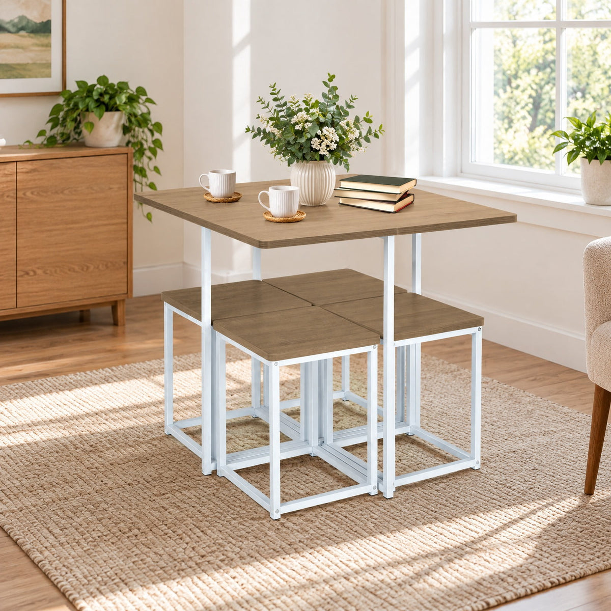 Airfind 5 Pieces Metal Frame Dining Set with Compact Dining Table and 4 Stools, Steel MDF Frame, 31in x 31in x 30in Footprint, Natural