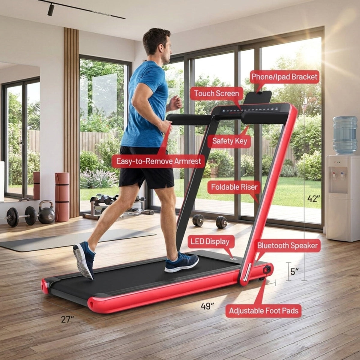 Airfind 2-in-1 Walk-to-Run Folding Treadmill for home with audio console and app sync plus cushioned belt for small spaces, Red