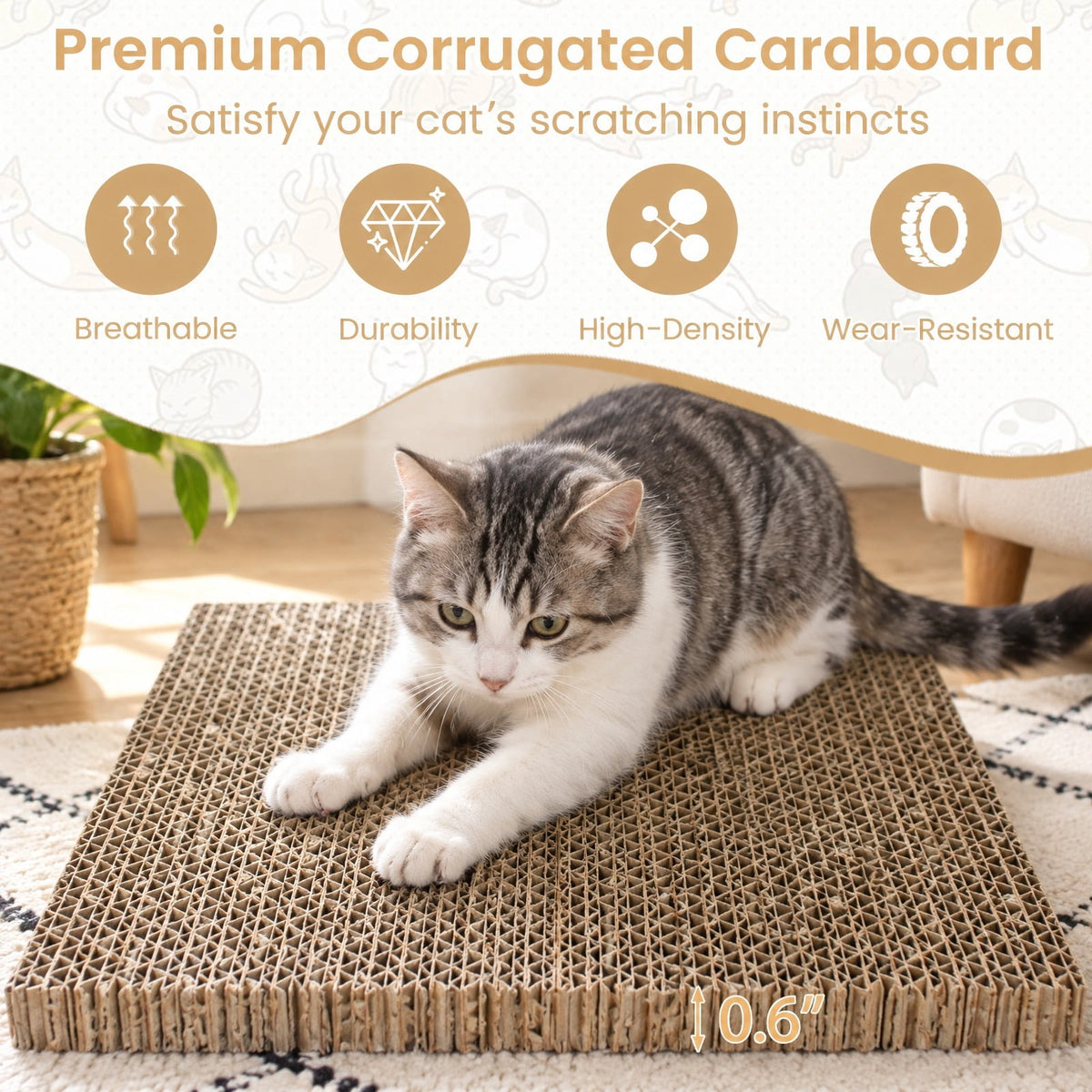 Airfind Tall Wood Cat Tower with 2 Corrugated Cardboard, 15.5 lbs Capacity, Engineered Wood Rubber Wood Corrugated Cardboard Fabric Frame, White