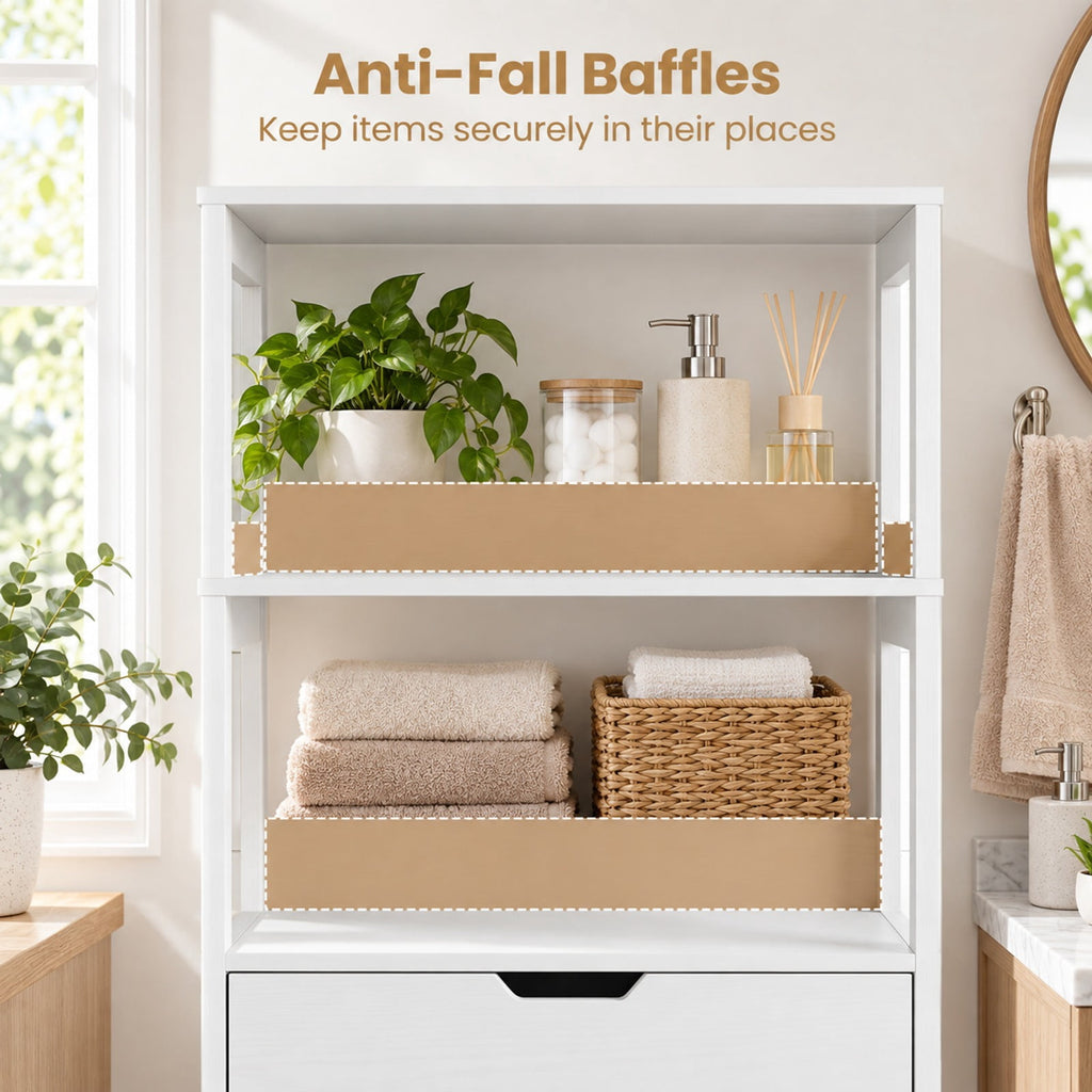 Airfind Bathroom Storage Cabinet with Open Shelves and Drawer, 110 lbs Capacity, Engineered Wood Frame, 24in x 13in x 48in Footprint, White