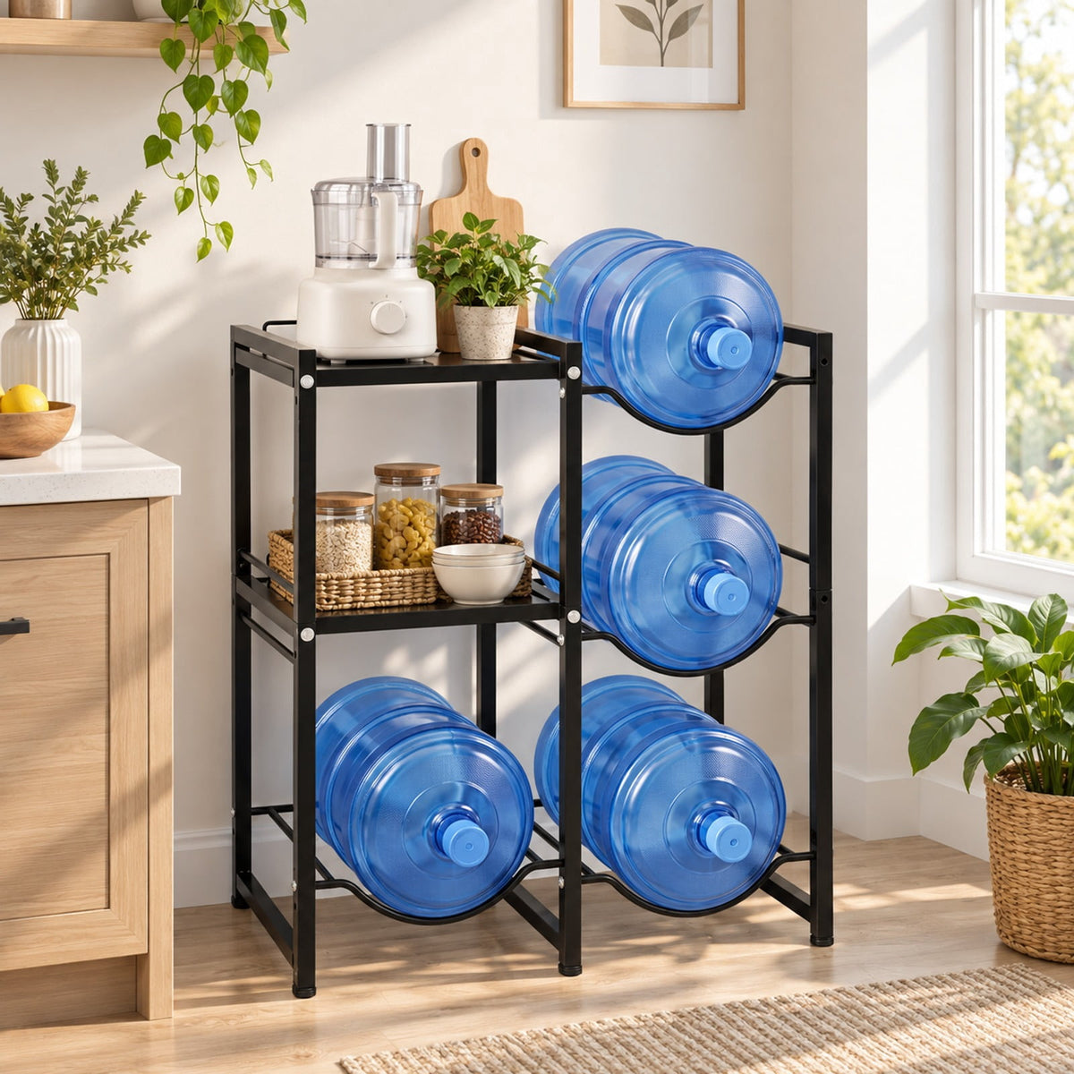 Airfind 3-Tier 5 Gallon Water Jug Holder with Shelves, 45 lbs Capacity, Carbon Steel Frame, Black, 4 bottle slots for 5-gallon water bottles