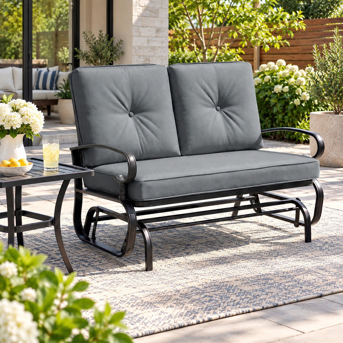 Airfind 2 Seats Outdoor Swing Glider Chair with Comfortable Cushions, 440 lbs Capacity, Steel olefin fabric foam Frame, Gray