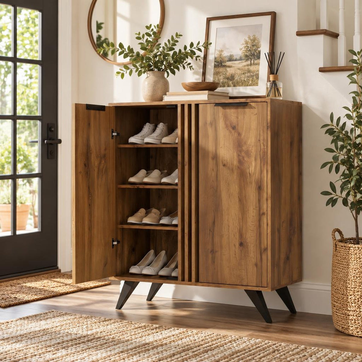 Airfind 4-Tier Modern Freestanding Hidden Shoe Cabinet with 2 Doors, 180 lbs Capacity, Engineered Wood Plastic Frame, 31.5 x 14 x 37.5 Footprint