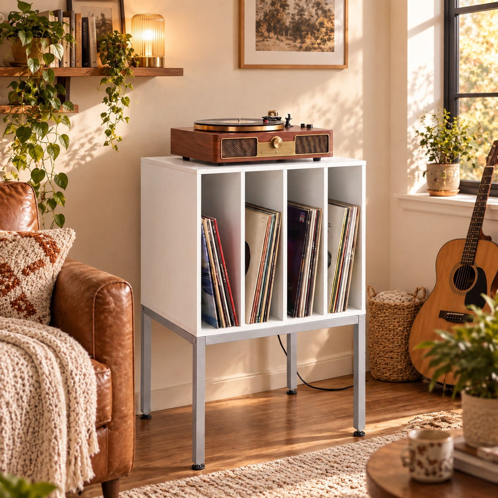Airfind Turntable Record Player Stand with Power Outlets, 88 lbs Capacity, Engineered Wood Metal MDF Frame, 20 x 16 x 32 Footprint, White