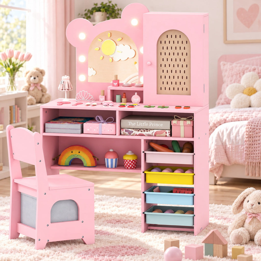 Airfind Kids Vanity with Lights and 5 Drawers for Kids Aged 3+ Years Old, 45 lbs Capacity, MDF Frame, for 3+ Years Old, Pink