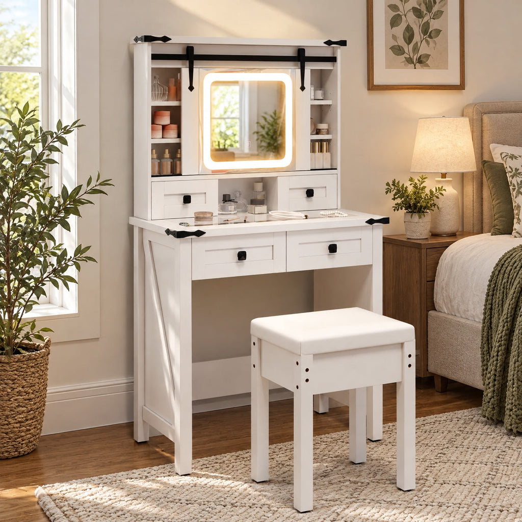 Airfind Makeup Vanity Desk with Mirror and Adjustable Storage Shelves, 110 lbs Capacity, Engineered Wood Frame, 31in x 16in x 54.5in Footprint, White