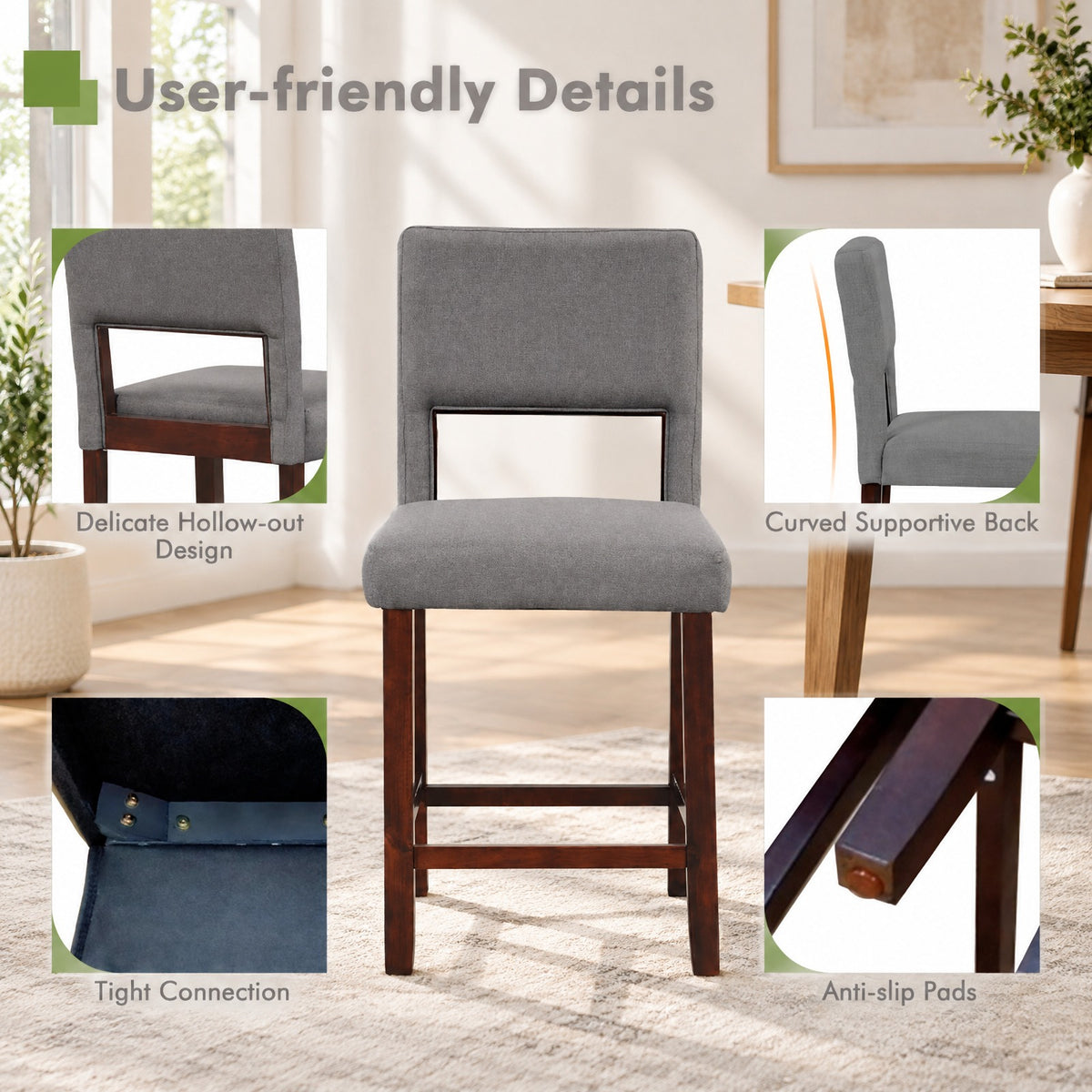 Airfind 2 Piece Bar Chair Set with Hollowed Back and Rubber Wood Legs, 400 lbs Capacity, Rubber Wood Acacia Wood Sponge PVC Leather Frame, Gray