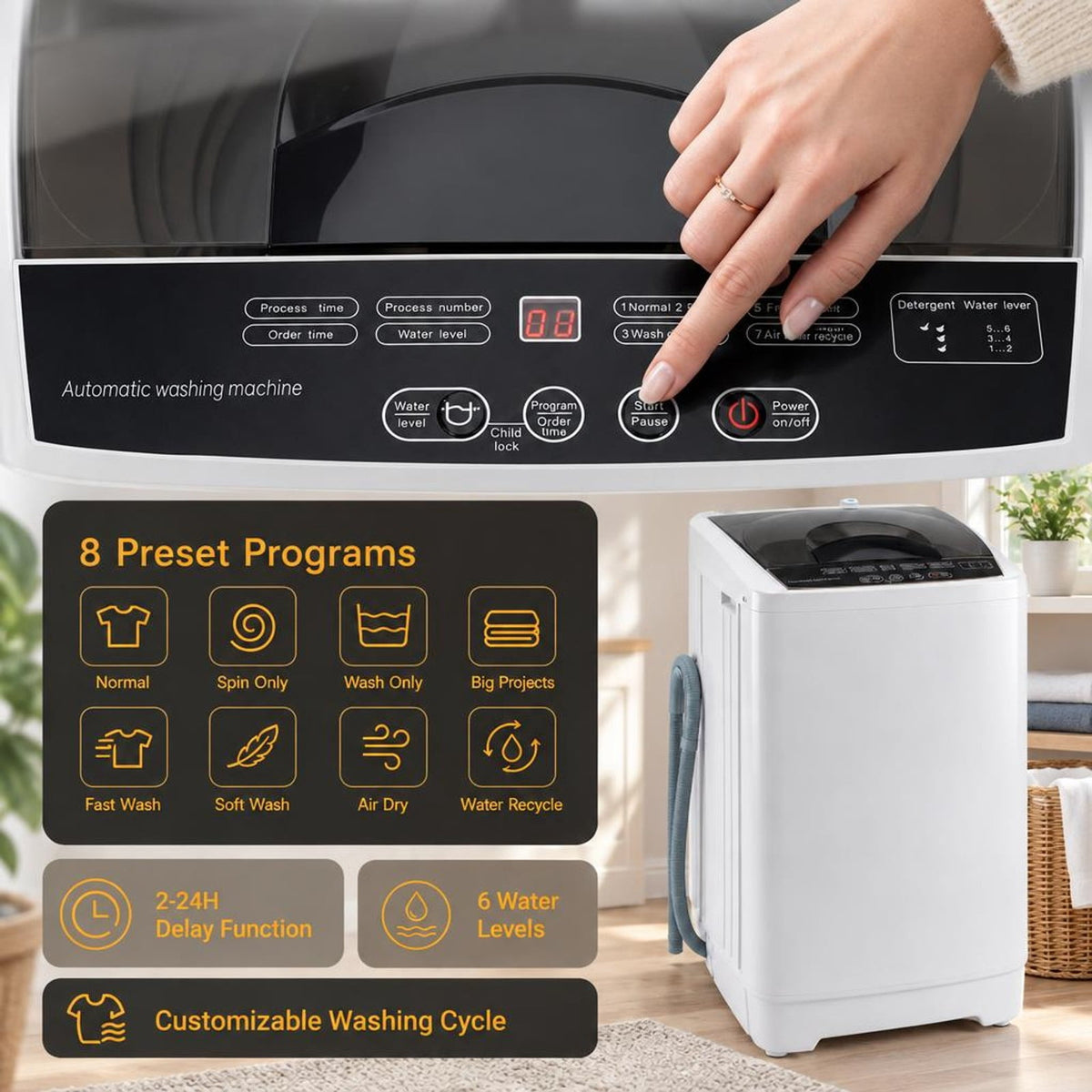 Airfind 9.93 lbs Full Automatic Washing Machine with 8 Preset Programs, Stainless Steel PP Frame, Gray