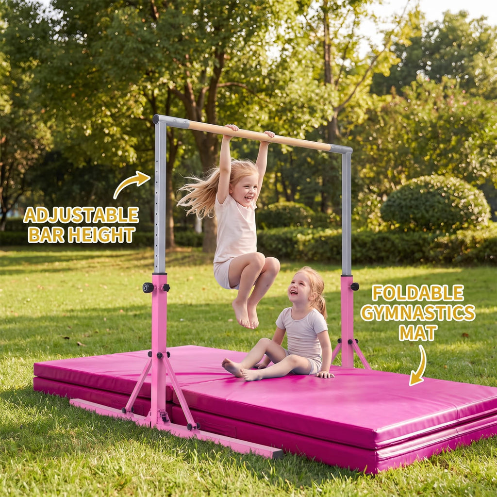 Airfind Foldable Gymnastics Bar for Kids with 3 Level Adjustable Height and Bamboo Grip Bar for Home Balance and Coordination Training, Pink