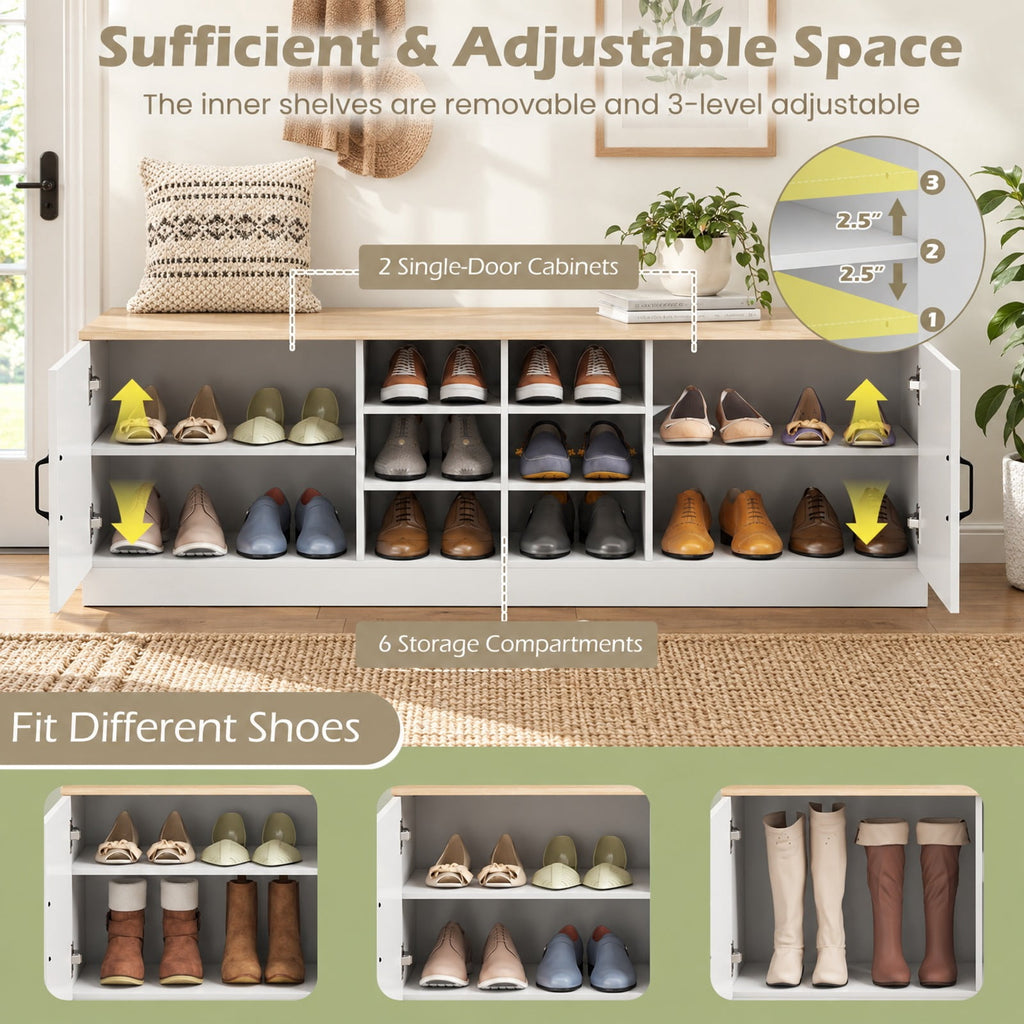 Airfind 2-Door Shoe Bench Storage Cabinet with Adjustable Shelves, 300 lbs Capacity, Engineered Wood MDF Frame, 59in x 16in x 19in Footprint, Natural